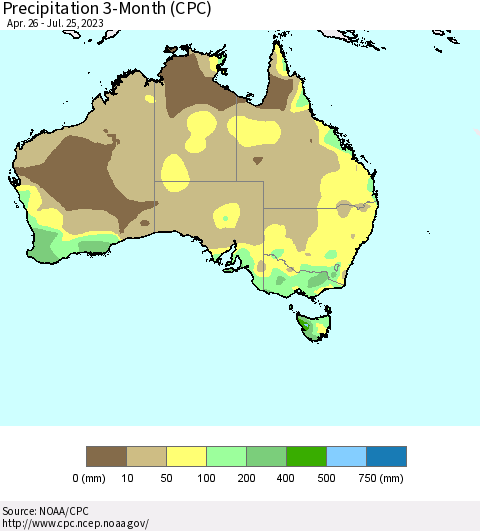 Australia Precipitation 3-Month (CPC) Thematic Map For 4/26/2023 - 7/25/2023