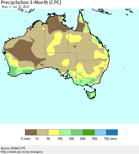 Australia Precipitation 3-Month (CPC) Thematic Map For 5/1/2023 - 7/31/2023