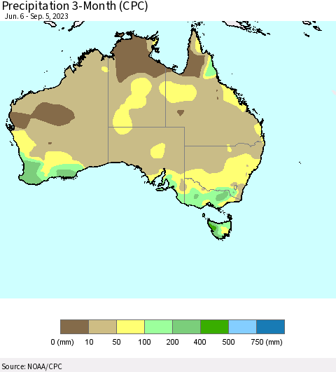 Australia Precipitation 3-Month (CPC) Thematic Map For 6/6/2023 - 9/5/2023