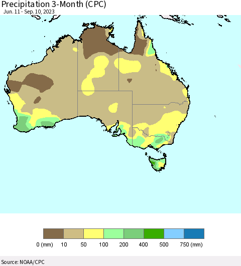 Australia Precipitation 3-Month (CPC) Thematic Map For 6/11/2023 - 9/10/2023