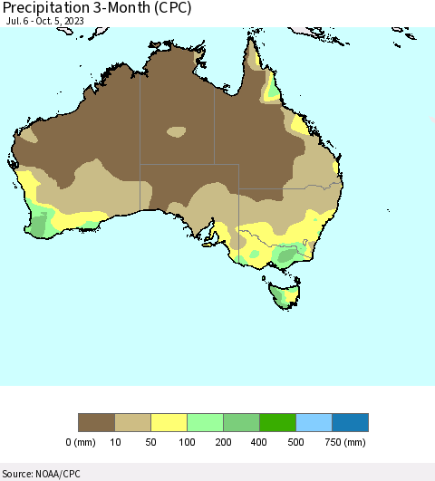 Australia Precipitation 3-Month (CPC) Thematic Map For 7/6/2023 - 10/5/2023