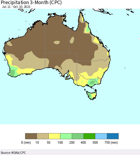 Australia Precipitation 3-Month (CPC) Thematic Map For 7/11/2023 - 10/10/2023