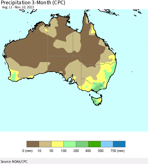 Australia Precipitation 3-Month (CPC) Thematic Map For 8/11/2023 - 11/10/2023