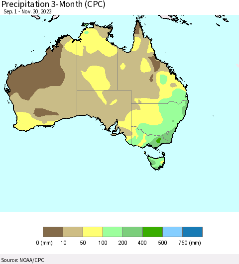 Australia Precipitation 3-Month (CPC) Thematic Map For 9/1/2023 - 11/30/2023