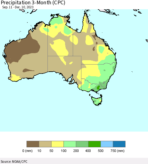 Australia Precipitation 3-Month (CPC) Thematic Map For 9/11/2023 - 12/10/2023
