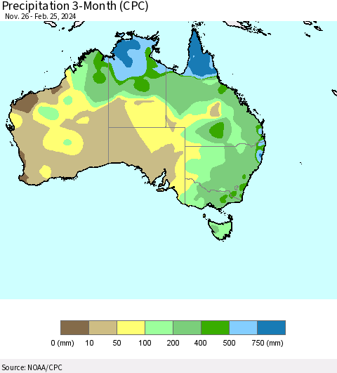 Australia Precipitation 3-Month (CPC) Thematic Map For 11/26/2023 - 2/25/2024