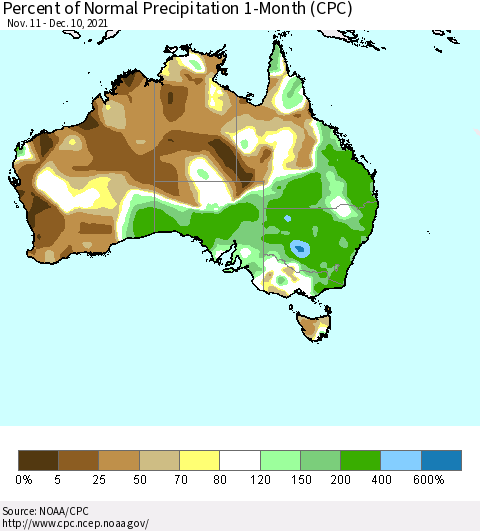 Australia Percent of Normal Precipitation 1-Month (CPC) Thematic Map For 11/11/2021 - 12/10/2021