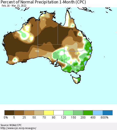 Australia Percent of Normal Precipitation 1-Month (CPC) Thematic Map For 2/16/2022 - 3/15/2022