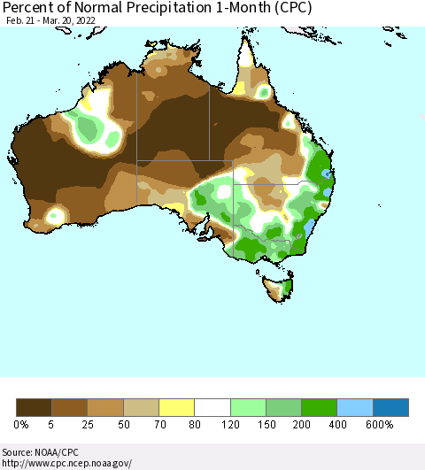 Australia Percent of Normal Precipitation 1-Month (CPC) Thematic Map For 2/21/2022 - 3/20/2022