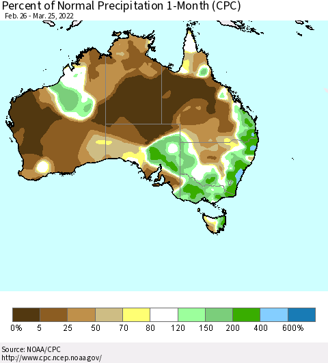 Australia Percent of Normal Precipitation 1-Month (CPC) Thematic Map For 2/26/2022 - 3/25/2022