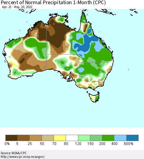 Australia Percent of Normal Precipitation 1-Month (CPC) Thematic Map For 4/21/2022 - 5/20/2022
