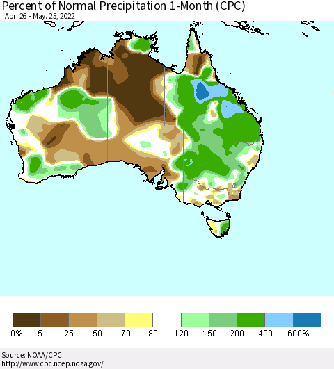 Australia Percent of Normal Precipitation 1-Month (CPC) Thematic Map For 4/26/2022 - 5/25/2022