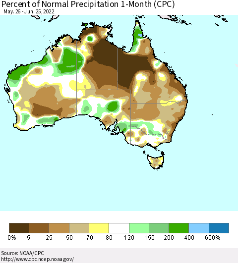Australia Percent of Normal Precipitation 1-Month (CPC) Thematic Map For 5/26/2022 - 6/25/2022
