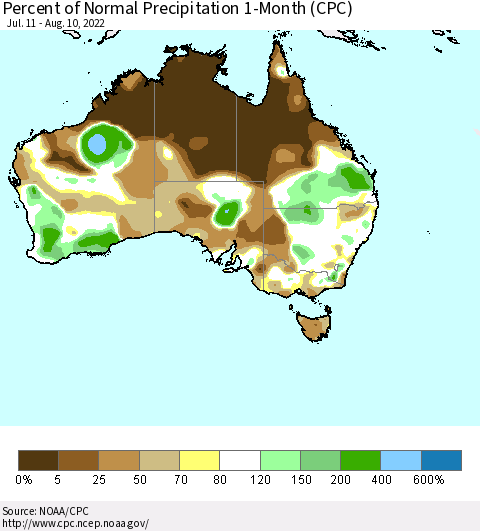 Australia Percent of Normal Precipitation 1-Month (CPC) Thematic Map For 7/11/2022 - 8/10/2022