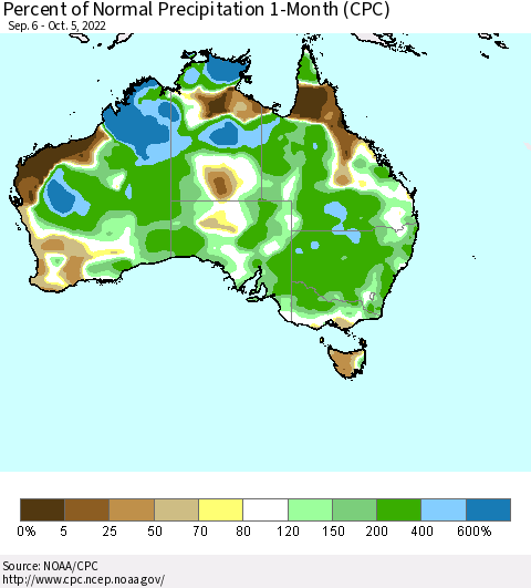 Australia Percent of Normal Precipitation 1-Month (CPC) Thematic Map For 9/6/2022 - 10/5/2022