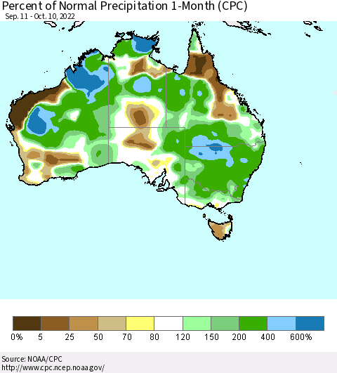 Australia Percent of Normal Precipitation 1-Month (CPC) Thematic Map For 9/11/2022 - 10/10/2022