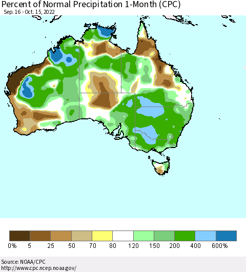 Australia Percent of Normal Precipitation 1-Month (CPC) Thematic Map For 9/16/2022 - 10/15/2022