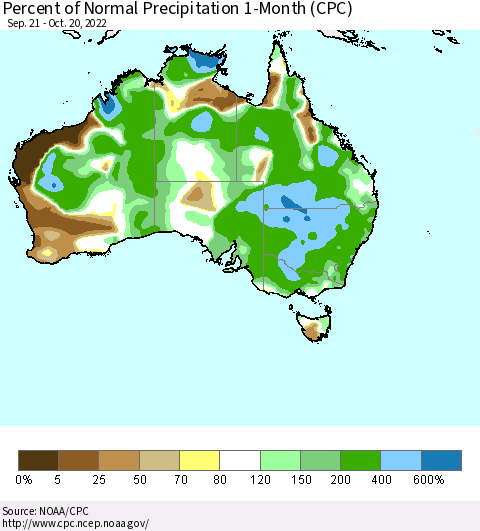 Australia Percent of Normal Precipitation 1-Month (CPC) Thematic Map For 9/21/2022 - 10/20/2022