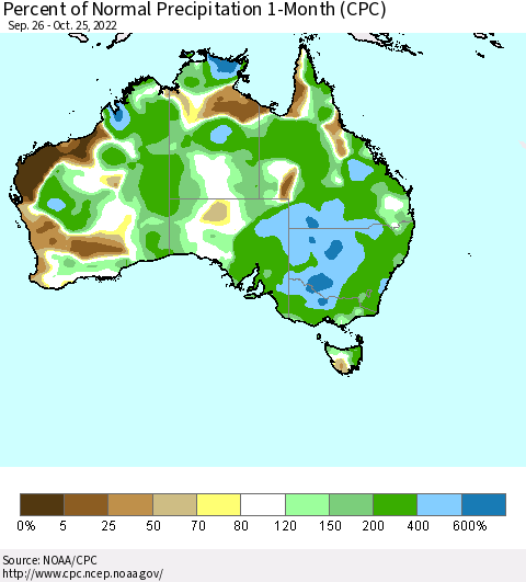 Australia Percent of Normal Precipitation 1-Month (CPC) Thematic Map For 9/26/2022 - 10/25/2022