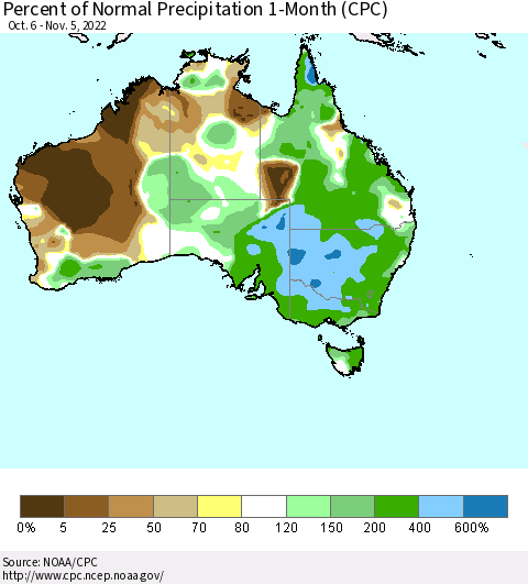Australia Percent of Normal Precipitation 1-Month (CPC) Thematic Map For 10/6/2022 - 11/5/2022