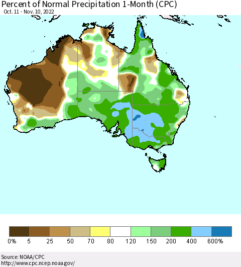 Australia Percent of Normal Precipitation 1-Month (CPC) Thematic Map For 10/11/2022 - 11/10/2022
