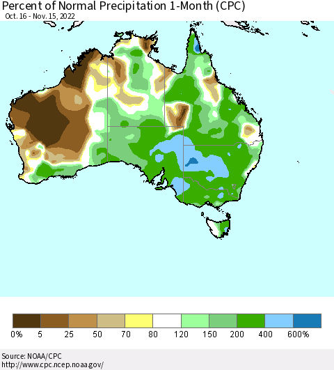 Australia Percent of Normal Precipitation 1-Month (CPC) Thematic Map For 10/16/2022 - 11/15/2022