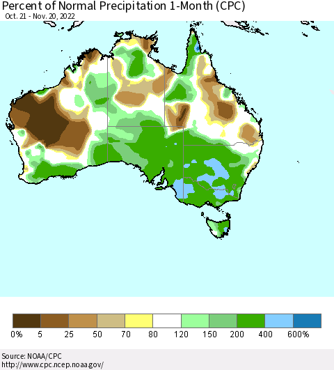 Australia Percent of Normal Precipitation 1-Month (CPC) Thematic Map For 10/21/2022 - 11/20/2022
