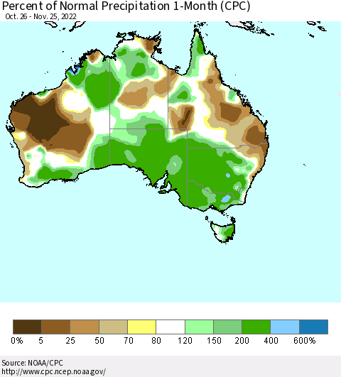 Australia Percent of Normal Precipitation 1-Month (CPC) Thematic Map For 10/26/2022 - 11/25/2022