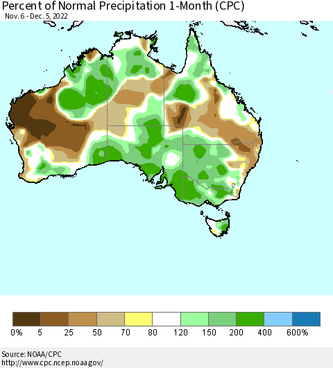 Australia Percent of Normal Precipitation 1-Month (CPC) Thematic Map For 11/6/2022 - 12/5/2022