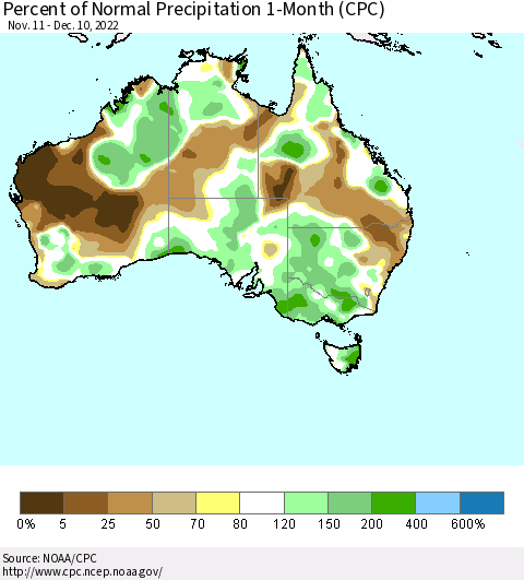 Australia Percent of Normal Precipitation 1-Month (CPC) Thematic Map For 11/11/2022 - 12/10/2022