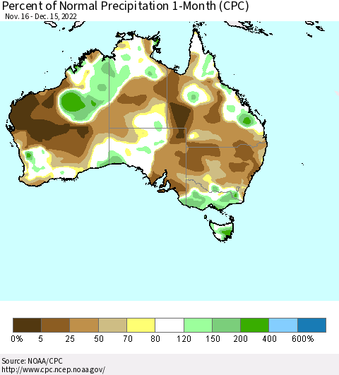 Australia Percent of Normal Precipitation 1-Month (CPC) Thematic Map For 11/16/2022 - 12/15/2022