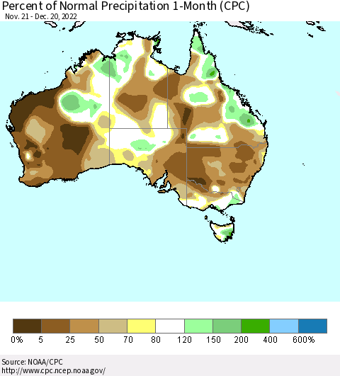 Australia Percent of Normal Precipitation 1-Month (CPC) Thematic Map For 11/21/2022 - 12/20/2022