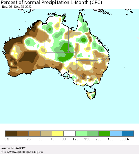 Australia Percent of Normal Precipitation 1-Month (CPC) Thematic Map For 11/26/2022 - 12/25/2022
