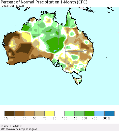 Australia Percent of Normal Precipitation 1-Month (CPC) Thematic Map For 12/6/2022 - 1/5/2023