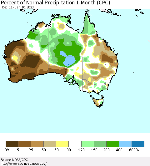 Australia Percent of Normal Precipitation 1-Month (CPC) Thematic Map For 12/11/2022 - 1/10/2023