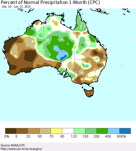 Australia Percent of Normal Precipitation 1-Month (CPC) Thematic Map For 12/16/2022 - 1/15/2023