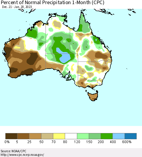 Australia Percent of Normal Precipitation 1-Month (CPC) Thematic Map For 12/21/2022 - 1/20/2023