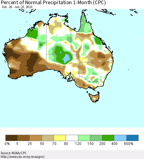 Australia Percent of Normal Precipitation 1-Month (CPC) Thematic Map For 12/26/2022 - 1/25/2023