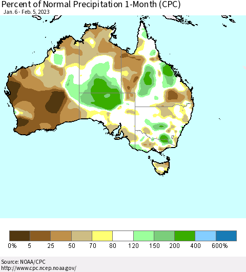 Australia Percent of Normal Precipitation 1-Month (CPC) Thematic Map For 1/6/2023 - 2/5/2023