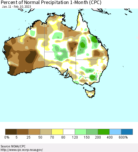 Australia Percent of Normal Precipitation 1-Month (CPC) Thematic Map For 1/11/2023 - 2/10/2023