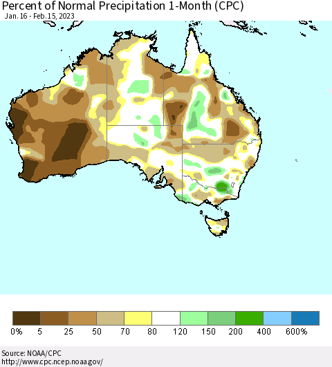 Australia Percent of Normal Precipitation 1-Month (CPC) Thematic Map For 1/16/2023 - 2/15/2023
