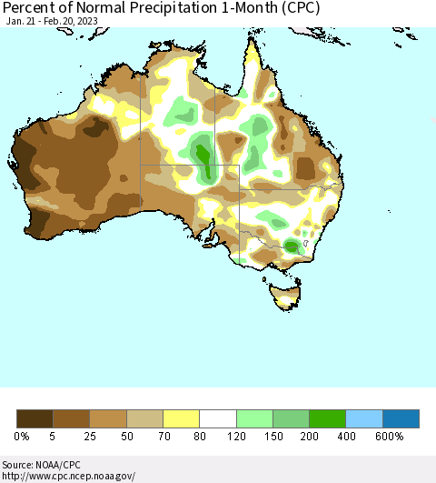 Australia Percent of Normal Precipitation 1-Month (CPC) Thematic Map For 1/21/2023 - 2/20/2023