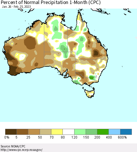 Australia Percent of Normal Precipitation 1-Month (CPC) Thematic Map For 1/26/2023 - 2/25/2023
