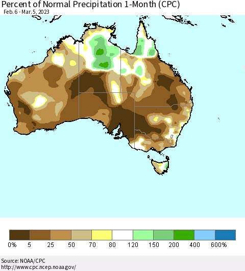 Australia Percent of Normal Precipitation 1-Month (CPC) Thematic Map For 2/6/2023 - 3/5/2023