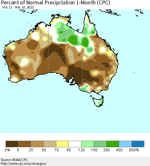 Australia Percent of Normal Precipitation 1-Month (CPC) Thematic Map For 2/11/2023 - 3/10/2023