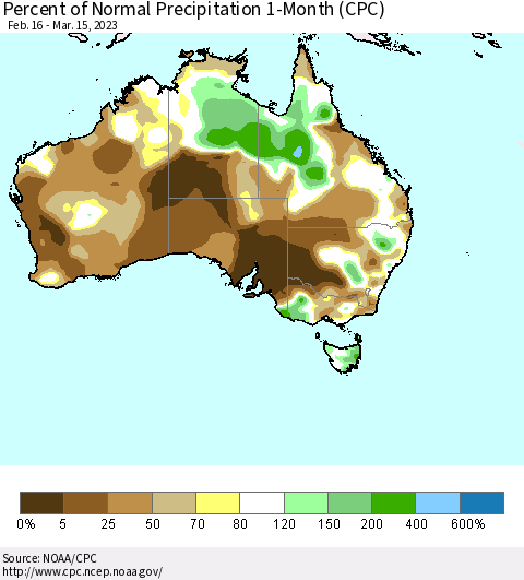 Australia Percent of Normal Precipitation 1-Month (CPC) Thematic Map For 2/16/2023 - 3/15/2023