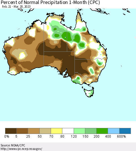 Australia Percent of Normal Precipitation 1-Month (CPC) Thematic Map For 2/21/2023 - 3/20/2023