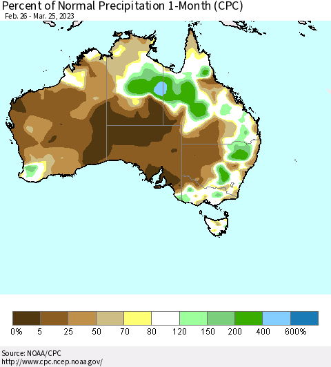 Australia Percent of Normal Precipitation 1-Month (CPC) Thematic Map For 2/26/2023 - 3/25/2023