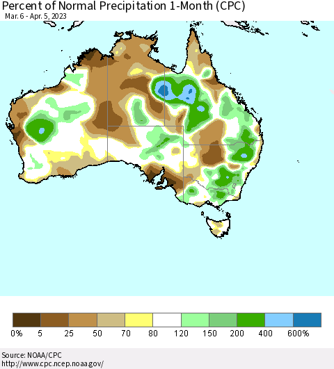 Australia Percent of Normal Precipitation 1-Month (CPC) Thematic Map For 3/6/2023 - 4/5/2023