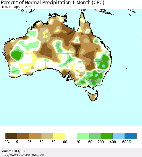 Australia Percent of Normal Precipitation 1-Month (CPC) Thematic Map For 3/11/2023 - 4/10/2023